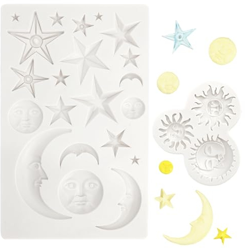 GZRXIOUS Moldes de Silicona para Plastilina, Moldes de Luna y Estrella Moldes de Silicona, Moldes Decoración para Tartas, Moldes para Fondant, Chocolate, Galletas, Repostería