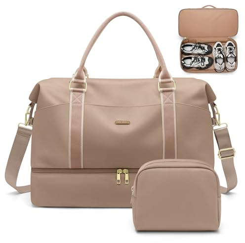 46L Borsone da Viaggio Donna, Borsa Parto Ospedale Mamma, con Borsa da Toilette, Scomparto per Scarpe e Tasca Bagnata, Borsone da Palestra da Weekend per Sport Lavoro Viaggi (Champagne)