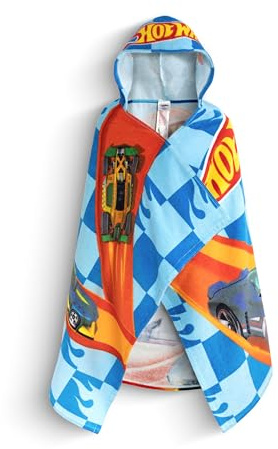 Hot Wheels Poncho asciugamano blu da ragazzo con motivo pista da corsa | Abbigliamento da spiaggia con cappuccio, grafica multi-auto e motivo a scacchi | Copricostume per la piscina