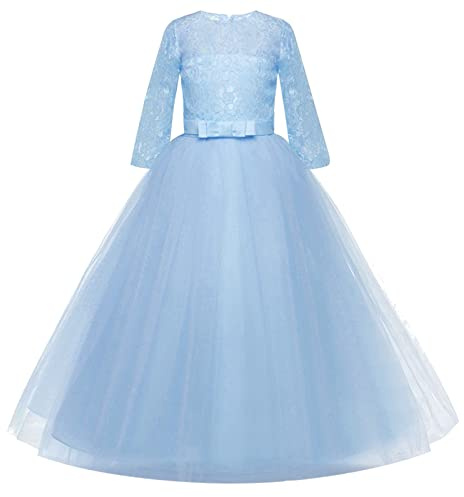 Genérico - Vestido de princesa para niña, ceremonia, noche, color turquesa y encaje, cinturón de lazo bautismo, gala, fiesta, niña, ocasión A59, azul, 11-12 Años