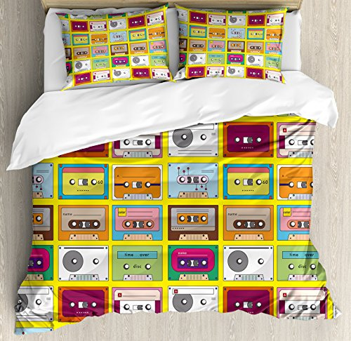 Ambesonne 70s Party Duvet Cover Set, Music Tape Design Pattern Audio Cassette Oldschool Cool Record Analogue, Decorative 3 Piece Bedding Set with 2 Pillow Shams, Queen Size, Multicolor
