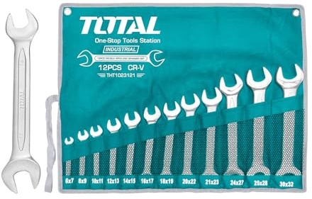 TOTAL - Bolsa con 12 Llaves Fijas de Doble Boca | Medidas de 6 a 32 mm | Herramienta para Aflojar Tuercas y Tornillos de Cabeza Hexagonal | Fabricadas en Cromo Vanadio
