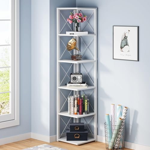 Tribesigns Eckregal mit 6 Ebenen, 180 cm hoch, rustikales Eck-Bücherregal, Aufbewahrungs-Etagere Bücherregal für Wohnzimmer, Eckregal, Pflanzenregal für Zuhause, Küche, Kleiner Platz (weiß)