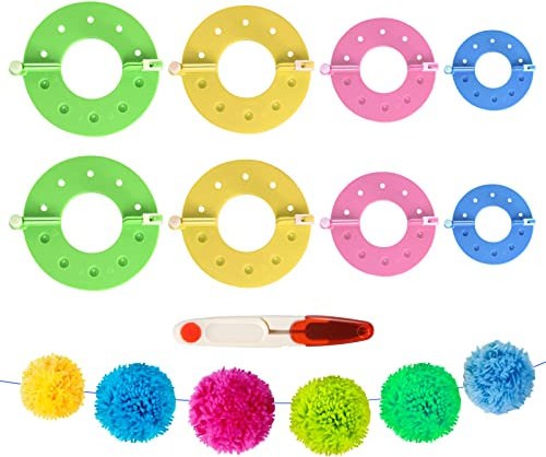 Kunststoff Pompom Maker Set, 8 Stücke Fluff Ball Weaver Nadel PomPom Maker Sets, 4 Größen Pom Pom Maker mit 1 Bastelscheren Wool Garn Knitting Handwerk Werkzeug Set