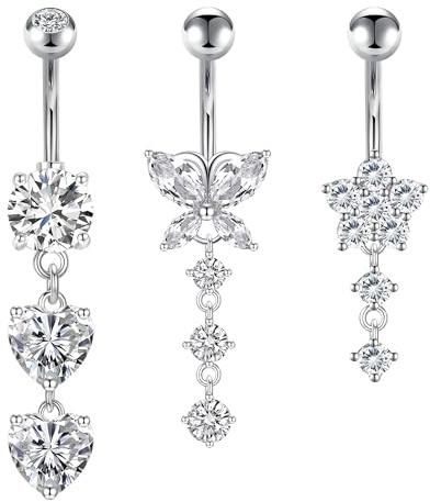 Crdifu 3pcs Belly Button Bars 10mm Silver 14G Navel Rings Stainless Steel Butterfly Heart Flower Dangle Belly Piercing Jewellery