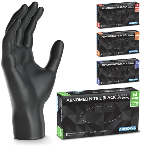 ARNOMED Guantes nitrilo extra fuerte talla M, guantes de nitrilo 50% más gruesos, negro,1000 uds/caja, sin polvo, sin látex, guantes nitrilo talla S, M, L y XL, guantes nitrilo desechables