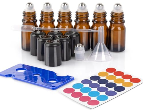 ComSaf Rollerflaskor för eteriska oljor 5 ml, 6-pack | Bärnstensfärgat glas, Rostfri rullkula, Påfyllningsbara, Tratt och pipetter, Aromaterapi, Massageolja, Parfymblandningar
