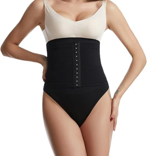 freebras Shapewear Für Damen Body Bauchweg Unterhose Formende Bodys Thong BauchweggüRtel 3 Rows Hooks Hohe Taille Korsett Weich Miederbody (Schwarz, M/L)