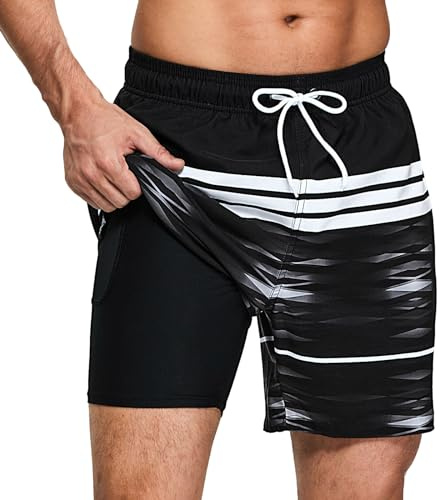 Badshorts för män snabbtorkande baddräkt, elastiskt nätfoder med fickor fritid korta byxor, justerbar dragsko boxershorts, sommar, surfing, sport, simning, Svarta ränder, S