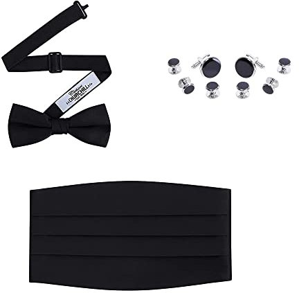 S.H. Churchill & Co. Set mit Fliege, Kummerbund, Manschettenknöpfen und Nieten – klassisches formelles Zubehör für Hochzeit, Abschlussball oder Black-Tie Event, Schwarz, Einheitsgröße