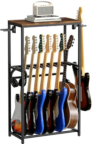 MAHANCRIS Supporto Porta Chitarre a 2 Livelli per 7 Strumenti, Chitarre Acustica, Elettrica, Bass, Ukulele, Banjo, Protezione in EVA, Marrone Vintage e Nero AGSHR6701