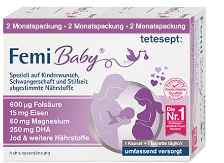 tetesept Femi Baby - 16 Nährstoffe für Kinderwunsch, Schwangerschaft & Stillzeit - Vitamine & Mineralstoffe wie Folsäure, Eisen, Magnesium, Jod + DHA - 2 x 1-Monats-Packung à 30 Tabletten + 30 Kapseln
