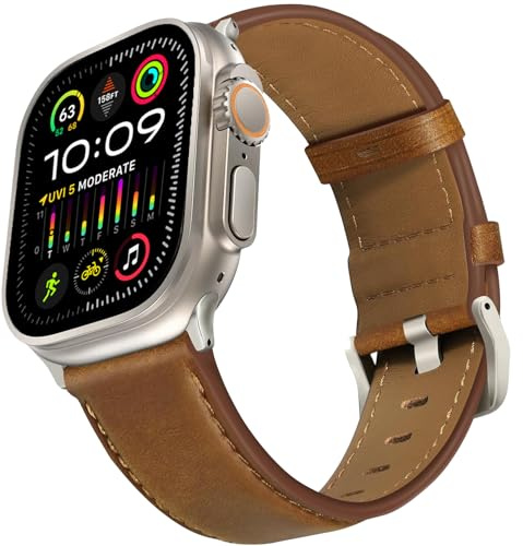 Läderarmband kompatibelt med Apple Watch Ultra/Ultra 2 Armband 49mm 46mm 45mm 44mm 42mm 41mm 40mm 38mm, Toppkorn äkta läderarmband för iWatch Ultra 2/Ultra, SE, Series 10 9 8 7 6 5 4 3 2 1