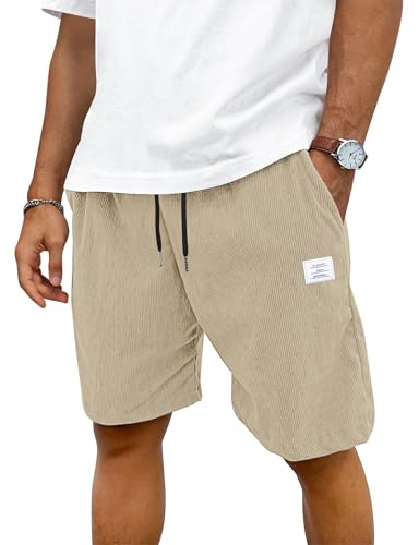 TARAINYA Velours Côtelé Short Homme Coton Stretch Cordon de Serrage été Casual Chino Corduroy Shorts Court Homme avec Poches Kaki Clair 2XL