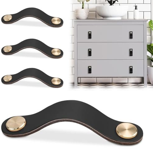 Poignées Cuir pour Meubles, 4 Pièces Bouton Porte Placard Poignee Cuir Bouton de Tiroir noir, Poignee de Meuble Vintage pour Armoires, Commode, Cuisine, Salle de Bain