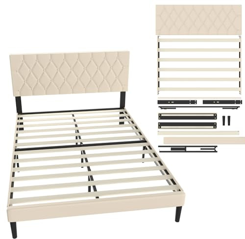 UISEBRT Cama tapizada de 140 x 200 cm – Marco de cama con botones, estructura de cama con cabecero tapizado de piel sintética, soporte de listones de madera, cama doble para adultos, diseño moderno