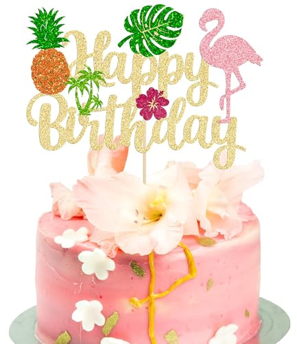 DIELOVEHUA Décoration de Gâteau Tropical, Flamingo Cake Topper, Ananas Feuille de Palmier Gâteau Topper, Happy Birthday Decoration Gateau, pour Tropical Hawaiian Luau Beach Anniversaire Mariage