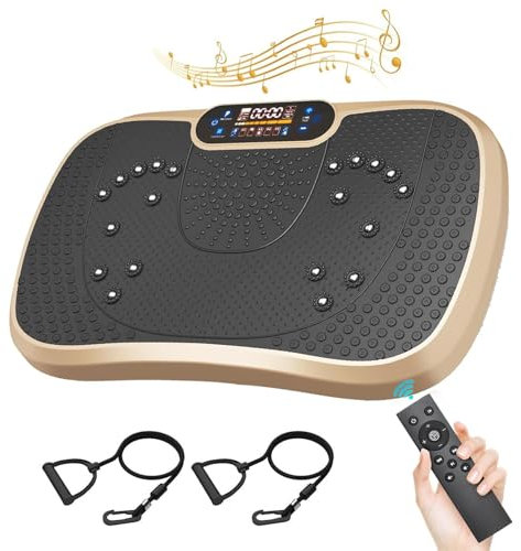 Moziel Plataforma Vibratoria Muscular, 99 Niveles de Vibración, 5 Programas de Entrenamiento, Altavoz Bluetooth y Bandas Elásticas, Plataforma Vibración para Hacer Ejercicios en Casa (Negra + Oro)