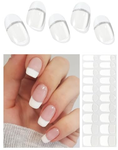 Unghie Gel Adesive UV, 20pcs Classic French Glitter Pellicola per Unghie Autoadesiva