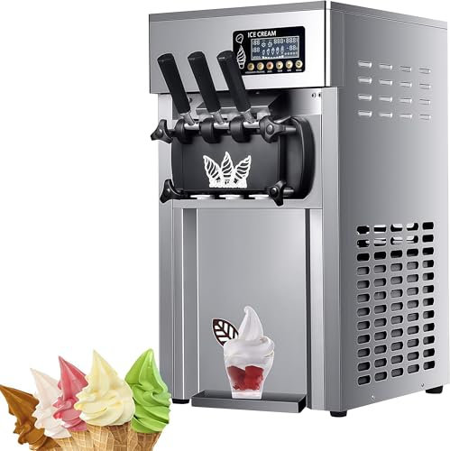 Commercial Ice Cream Maker Machine, High Capacity 16~18L/H, Triple Flavor Dispenser for Soft Serve, Ideal for Restaurants and Cafes