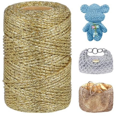 LEREATI Fil Crochet Métallique, Fil Macramé 3mm x 100m Ficelle de Polyester Crochet Yarn pour Sacs, Paniers, Bricolage Artisanat, Décoration (Doré)