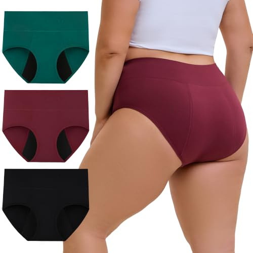INNERSY periodiska underkläder stark blödning stora storlekar menstruation underkläder (XL-5XL) 3-pack, Svart/mörkgrön/mörkröd, 4XL