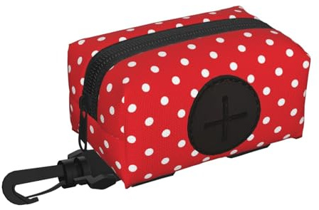 Soporte para bolsas de excrementos de perro para correa, suave, ligero, retro, blanco, lunares, estampado rojo, dispensador de rollos, cierre de , accesorios para pasear perros con cremallera y