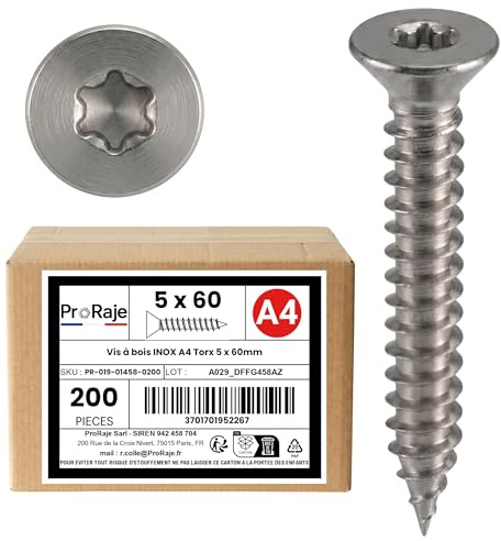 Träskruvar i rostfritt stål A4: 5 x 60 mm | försänkt huvud TORX (TX) | A4 rostfritt stål (V4A/AISI 316) | konstruktion/spånskiva/terrass/etc: Set med 200 st - ProRaje