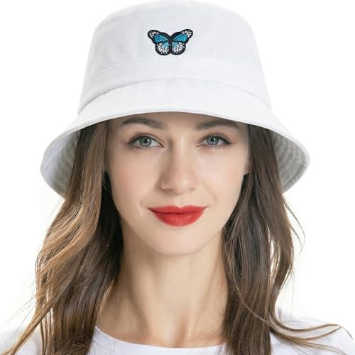 ZLYC Chapeau bob brodé Tendance Unisexe à Bord Court pour Hommes, Femmes, Adolescents, Papillon Blanc Pur, Taille Unique