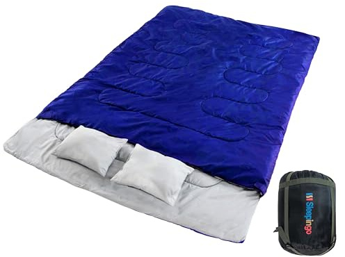 Double Sleeping Bags for Adults – Waterproof Queen-Size 2 Person Sleeping Bag with Pillows for Camping, Backpacking, Hiking, or Truck Use – Warm, Lightweight, and Convertible into Two Singles – Blue