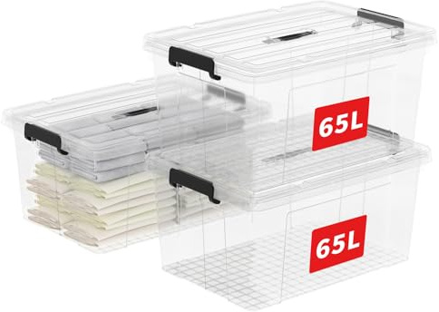 Cetomo 65 L x 3 förvaringslådor, plastförvaringslåda med lock, klar organiseringsbehållare med handtag och säkra spärrar, kapabel och stapelbar tygväska för hemmakontor, 65 L-3-pack, genomskinlig