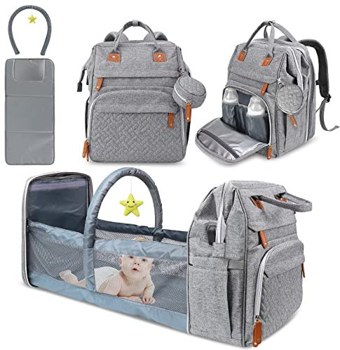 DERSTUEWE Wickeltasche, Rucksack, Baby-Wickeltaschen, multifunktional, Reisen-Wickelrucksack, großes Fassungsvermögen, Meliert, Grau