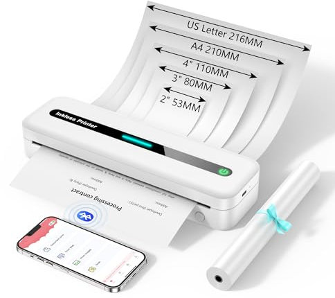 ASprink Thermodrucker A4 Wireless, Bluetooth Mobiler Drucker A4 für Unterwegs, 300DPI Tragbarer Drucker Ohne Tinte Nur Thermopapier Kompatibel mit Android/iOS - Ideal für Büro, Schule & Reisen - Weiß