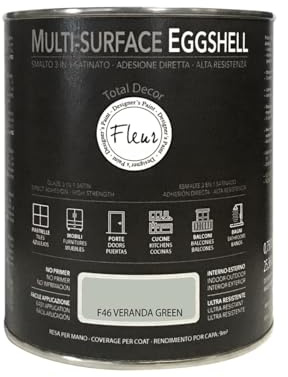 FLEUR DESIGNER'S PAINT | MULTI-SURFACE EGGSHELL Smalto Lavabile 3 in 1, Satinato, 750 ml, F46 Veranda Green, a Base Acqua, Adesione Diretta, Alta Resistenza, per Interno - Esterno, Made in Italy