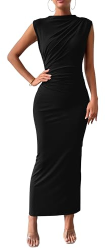 BTFBM Women Ruched Bodycon Maxi Dresses Summer Casual Sleeveless Lightweight Slit Elegant Cocktail Wedding Guest Dress(Black, X-Large)