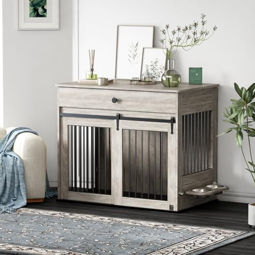 DAWNYIELD Dog Crate, Furniture Style Pet Crate with Sliding Doors, Wooden Indoor Dog Kennel Side Table with Drawer, Lockable Dog House with 360°Rotatable Bowl, Grey
