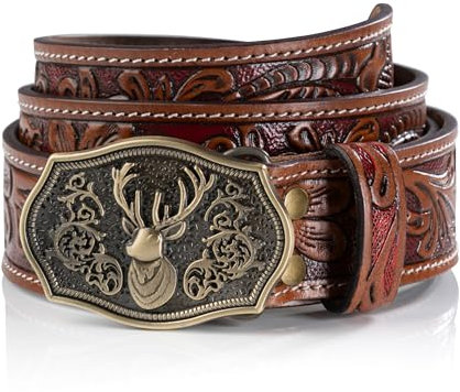 Schöneberger Trachten Couture Herren Trachtengürtel, Leder handgefertigt - Unikat Ledergürtel mit Hirsch Schnalle - hand-geschnitzter Lederhosen-Gürtel Valentin (BW100 (50-52)