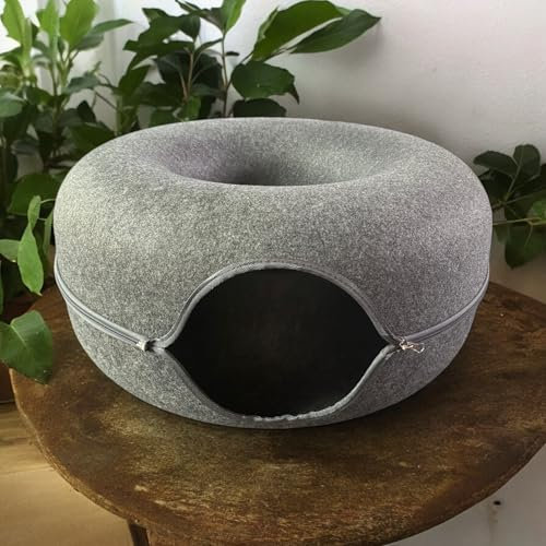 Katzenhöhle XXL | PAWSAGE® - Moderner Katzendonut & Filzhöhle für Katzen, 60x60x28cm, Dunkelgrau – Kuscheliges Katzenbett & Katzenkörbchen | Katzentunnel aus Filz