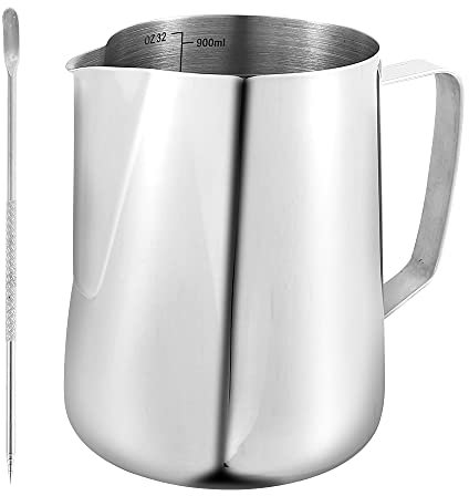 2PCS Milk Frothing Jug, 900ml/30oz Stainless Steel Milk Pitcher Cup, Barista Milk Jug Cup with Measurement Mark & Latte Art Decorating Pen for Making Cappuccino Latte Coffee Art (2pcs)
