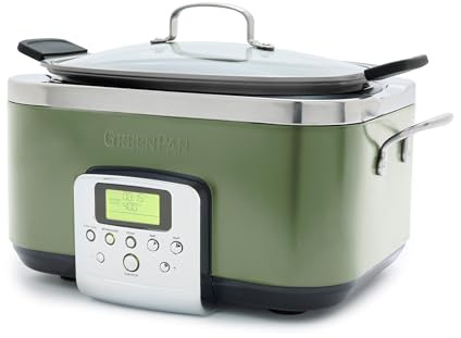 GreenPan Elite 8 en 1 - Olla de cocción lenta eléctrica programable de 6 cuartos de galón, tapa apta para lavaplatos y rejilla extraíble, sin PFAS de cerámica saludable, antiadherente, Sear, saltar,
