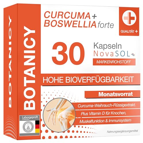 BOTANICY Curcuma + Boswellia forte - 30 Kurkuma Weihrauch Kapseln mit Markenrohstoff NovaSOL - Plus Vitamin D3 für Knochen & Muskeln - Hohe Bioverfügbarkeit, Weihrauch Kurkuma Kapseln Hochdosiert