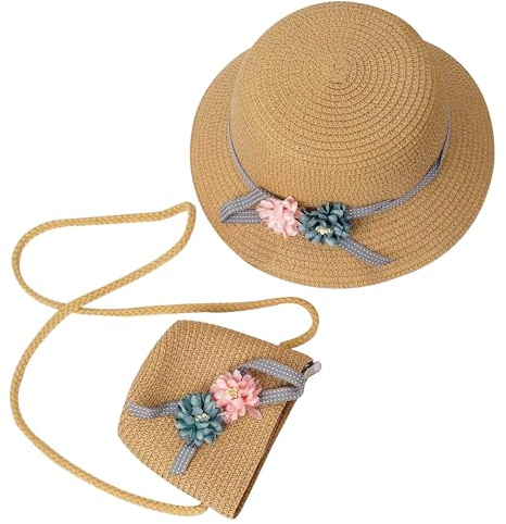 Sombrero de Paja Niñas Gorra de Sol Chica y Bolsillo Set con Decoracion de flores Gorro de Playa para Viaje Beach Piscina al Aire Libre Caqui