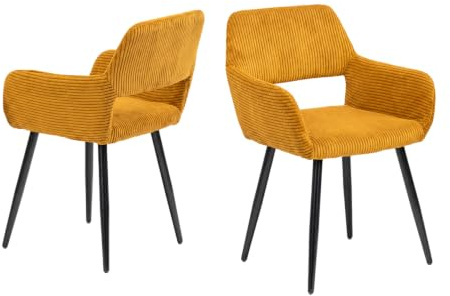 Meuble Cosy Lot de 2 Chaises de Salle à Manger Scandinave Fauteuil Assise Rembourrée en Velours Côtelé Pieds en Métal pour Cuisine Salon Chambre Bureau, Jaune
