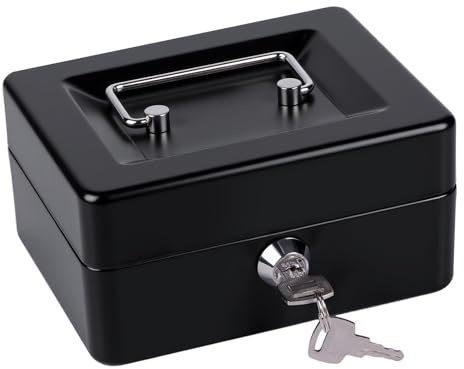 Money Tin Box with Key, Portable Cash Box with Coin Tray, Small Cash Tin for Home, Office and Events (Black-small)