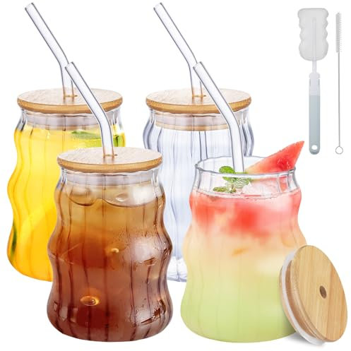 Anhow Juego de 4 Vasos de Cóctel, 500ML Tazas de Café de Cristal con Tapa y Pajita Reutilizable, Vasos de Jugo, Vasos Largos, para CóCteles/Whisky/Cerveza/Café Helado/Leche/Latte/Macchiato