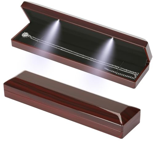 KUKUVR Wooden Necklace Bracelet Box with LED Light, Jewelry Organizer Holder Display Case for Wedding Christmas Engagement Birthday Anniversary (Style 3)