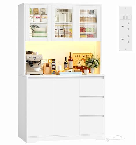 FirFurd Kitchen Cupboard 180cm Tall Cabinet with LED, Power Sockets Kitchen Sideboard Storage Cabinet with Large Countertop, Adjustable Shelves, 3 Drawers 180x100x38.5 cm White