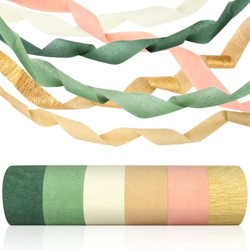 Wedding Party Crepe Paper Decorations, 6 Rolls Crepe Paper Streamers in Olive Green Brown Dark Green Gold Peach White Streamers for Bridal Wedding Birthday Shower Party Decor