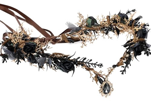 MOSTORY Black Flower Elf Crown - Gothic Floral Headpiece with Butterflies for Dark Fairy Costume Women, Elven Circlet for Renaissance Witch Accessories Goth Wedding Cosplay