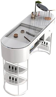 Moderner Maniküretisch mit Schubladen und offenen Regalen, professionelle Nageltechnik-Station, Glasplatte und Holz-Schreibtisch für Nagelstudio und Büroarbeitsplatz